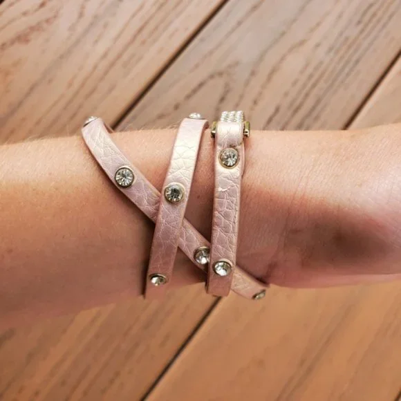 Pastel Pink Faux Leather Wrap Bracelet Rhinestones Glam Party Casual Boho Preppy - Picture 2 of 7